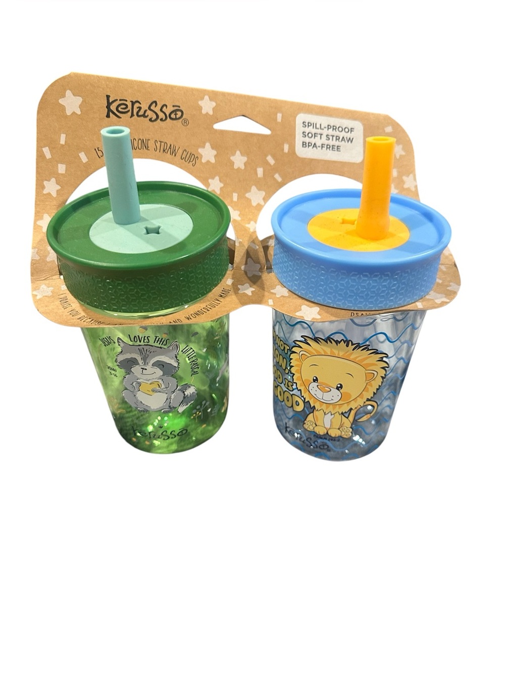 NWT Kerusso 15 oz Silicone Straw Cup Raccoon & Lion 2 Pack Green Blue Kids